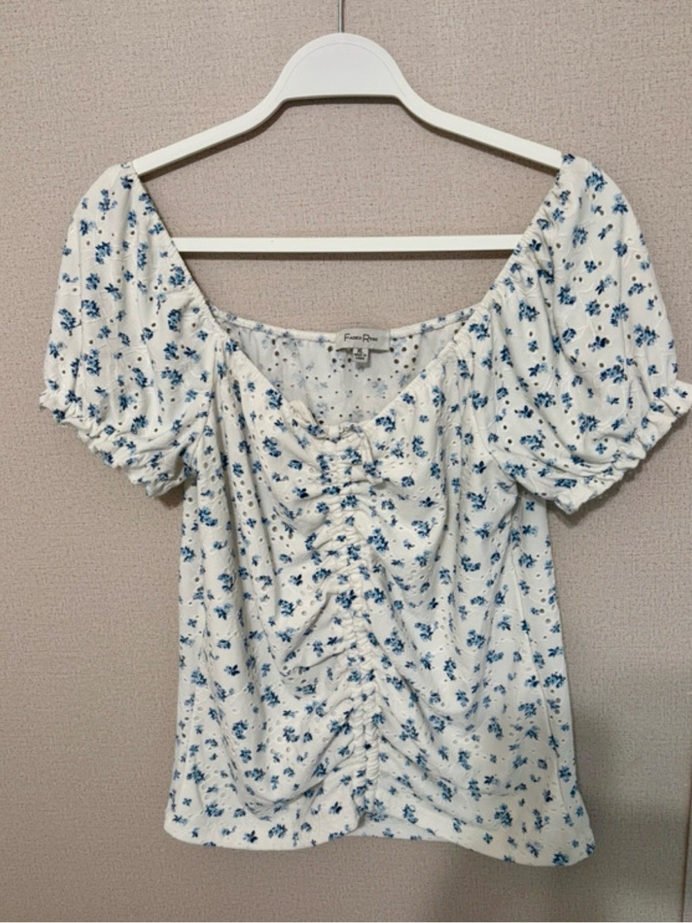 Feminine Blue Floral Ruched Puff-Sleeve Blouse by Femme Rose